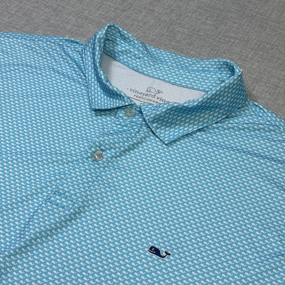 Vineyard Vines Performance Whale Print Golf Polo Shirt Men 2XL Blue Short Sleeve